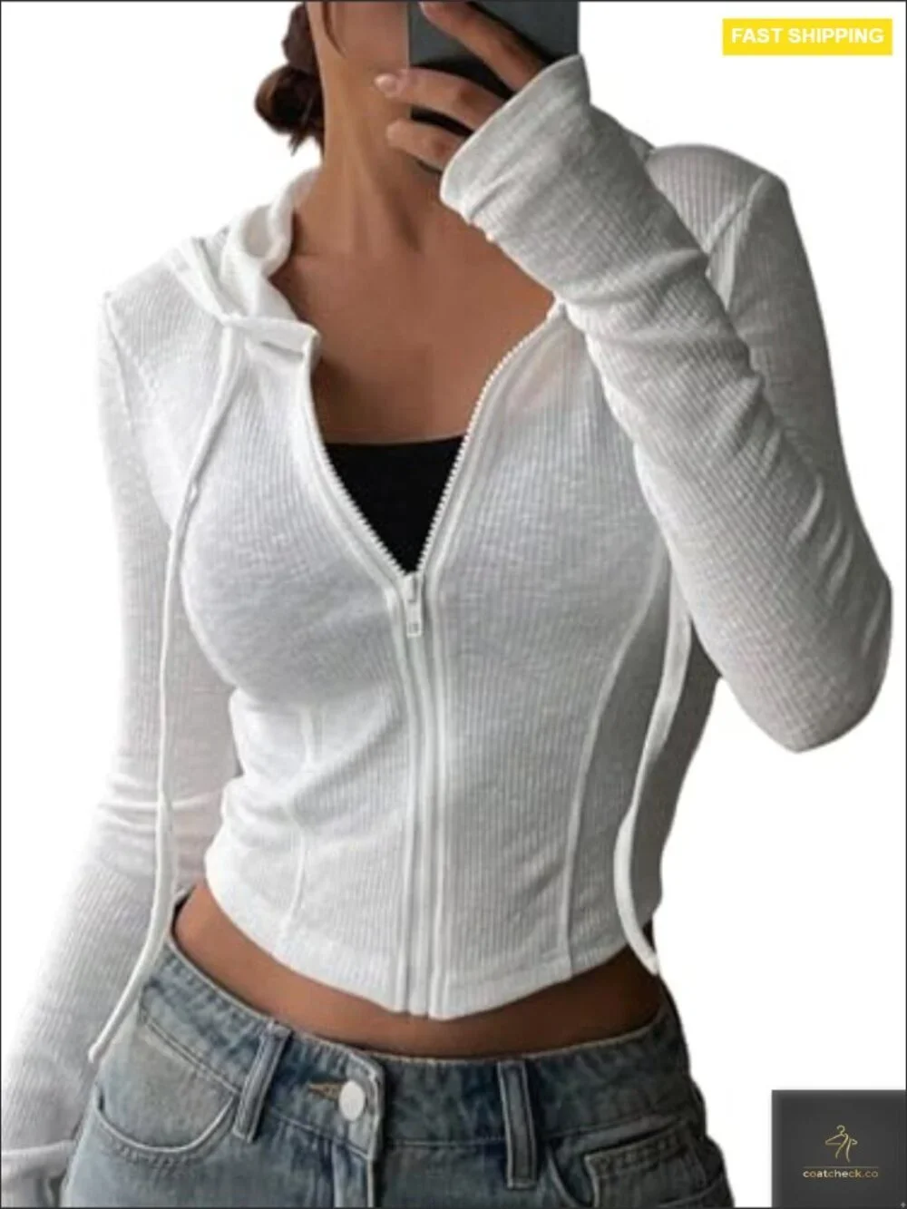 Cropped Zip Up Hoodie Lightweight Long Sleeve Rib Knit Slim Crop Jacket Casual